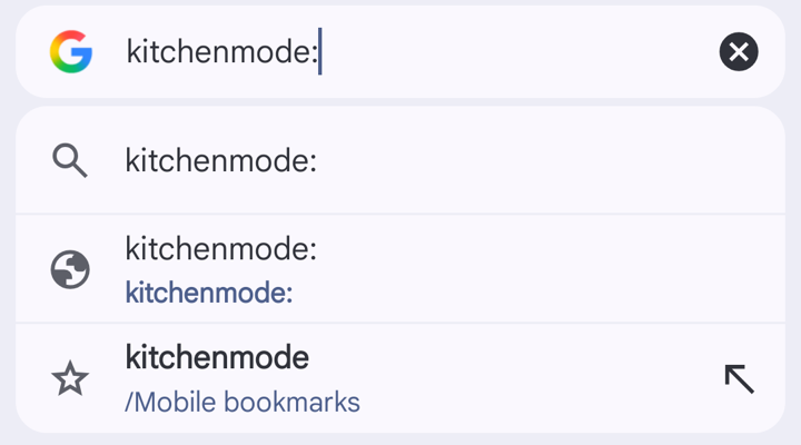Chrome’s address bar with kitchenmode: typed in. Below it, three suggestions; the third, circled, is kitchenmode from Mobile bookmarks, with a star.